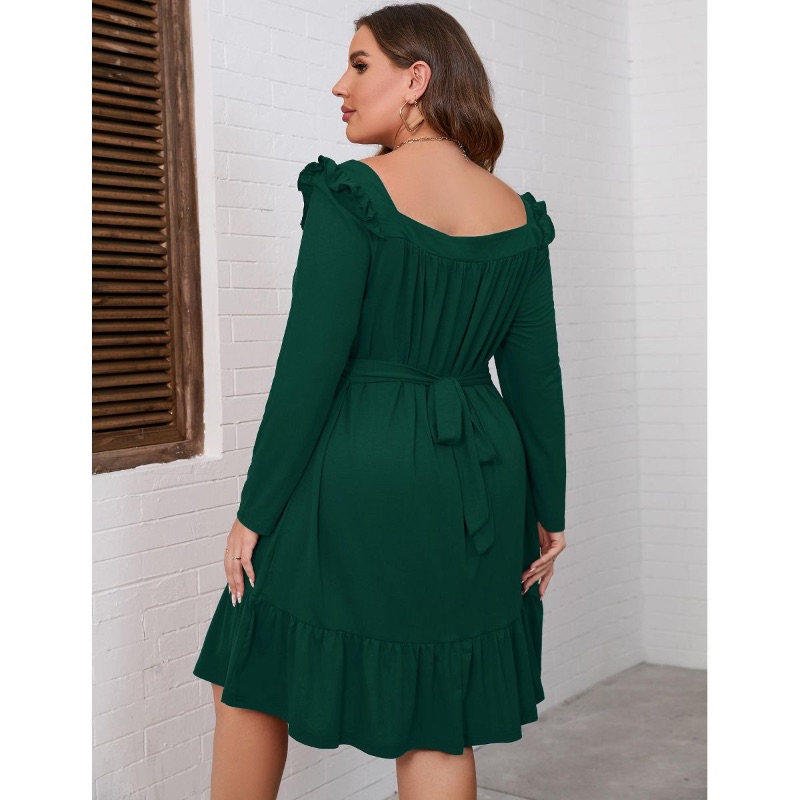 Photo 1 of 4XL - Women's Square Neck Long - Sleeve Dress with Ruffle Trim & Tie Detail, Flowy Midi Dress for Casual & Semi - Formal Dark Green 4XL