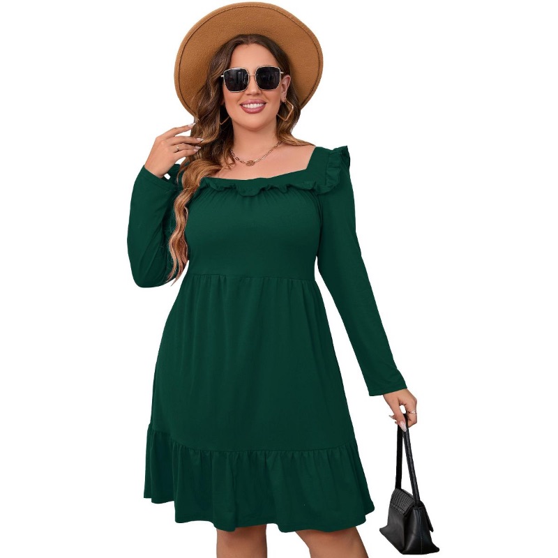 Photo 1 of 4XL - Women's Square Neck Long - Sleeve Dress with Ruffle Trim & Tie Detail, Flowy Midi Dress for Casual & Semi - Formal Dark Green 4XL