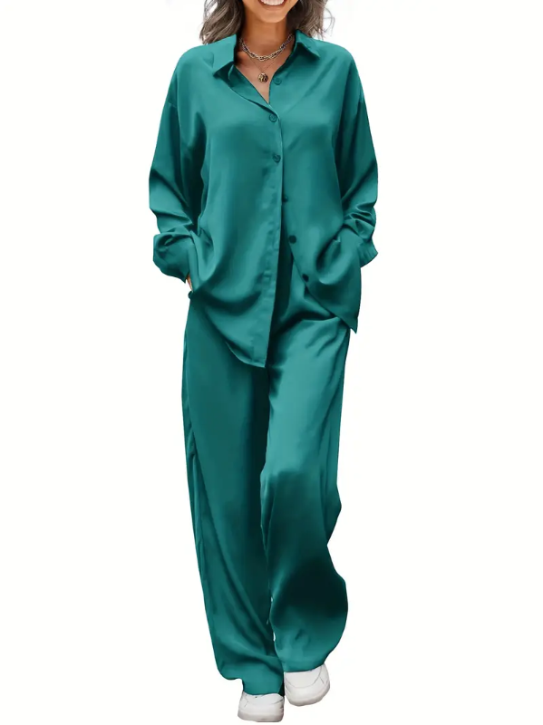 Photo 1 of (L) Womens Fashion 2pcs Satin Pajama Set Nightwear Housing Set Loungewear Outfit Long Sleeve & Long Pant Lounge Sets Super-Soft Casual Matching Set Button Shirts and Pants PJs Soft Sleepwear Sets
