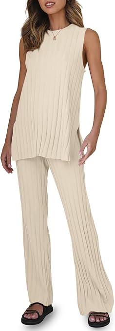 Photo 1 of (L) Two Pieces Outfits Sleeveless Top Knit Sets Trendy Lounge Long Pajamas Set
