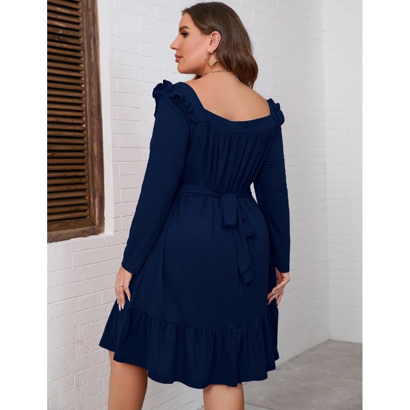 Photo 1 of (4XL) Women's Square Neck Long - Sleeve Dress with Ruffle Trim & Tie Detail, Flowy Midi Dress for Casual & Semi - Formal Navy Blue- Target 
