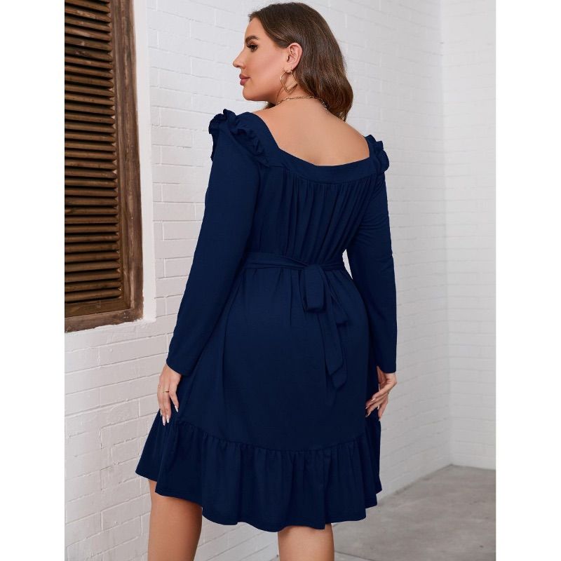 Photo 1 of (4XL) Women's Square Neck Long - Sleeve Dress with Ruffle Trim & Tie Detail, Flowy Midi Dress for Casual & Semi - Formal Navy Blue- Target
