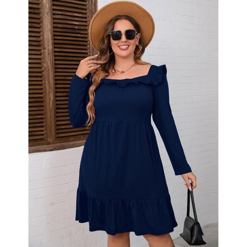 Photo 1 of (4XL) Women's Square Neck Long - Sleeve Dress with Ruffle Trim & Tie Detail, Flowy Midi Dress for Casual & Semi - Formal Navy Blue- Target
