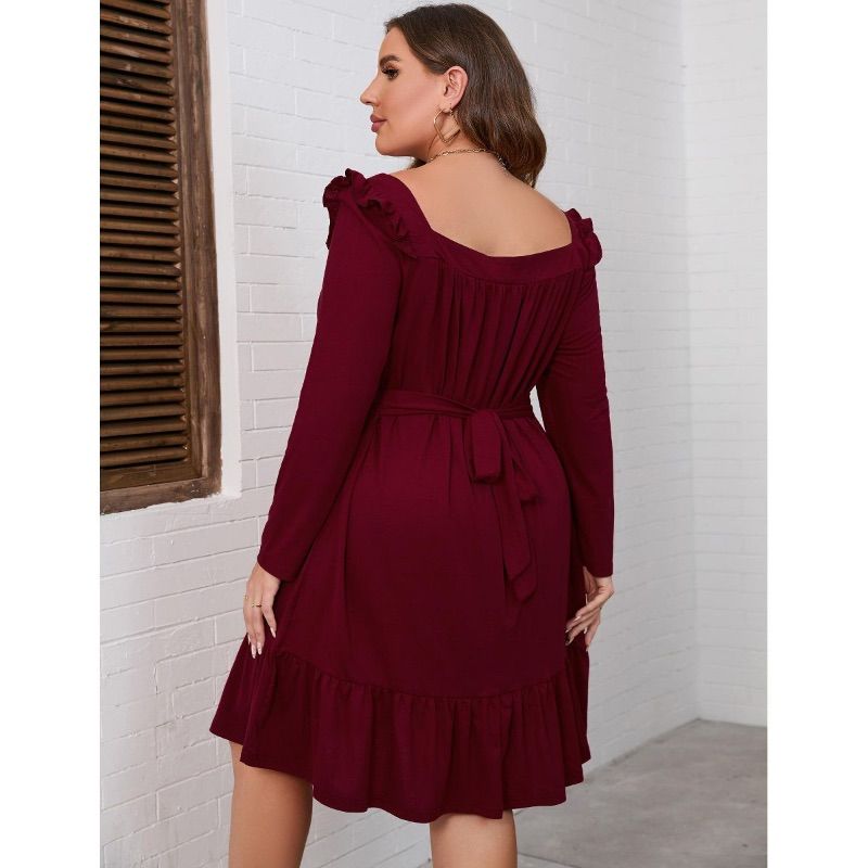 Photo 1 of (3XL) Women's Square Neck Long - Sleeve Dress with Ruffle Trim & Tie Detail, Flowy Midi Dress for Casual & Semi - Formal Wine Red- Target

