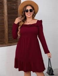 Photo 1 of (3XL) Women's Square Neck Long - Sleeve Dress with Ruffle Trim & Tie Detail, Flowy Midi Dress for Casual & Semi - Formal Wine Red- Target
