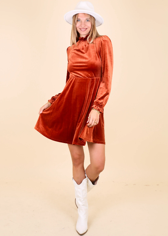 Photo 1 of (XL) Velvet Orange Ruffle Neck Dress 