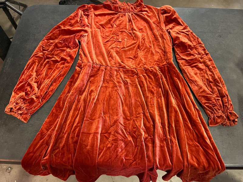 Photo 1 of (XL) Velvet Orange Ruffle Neck Dress 