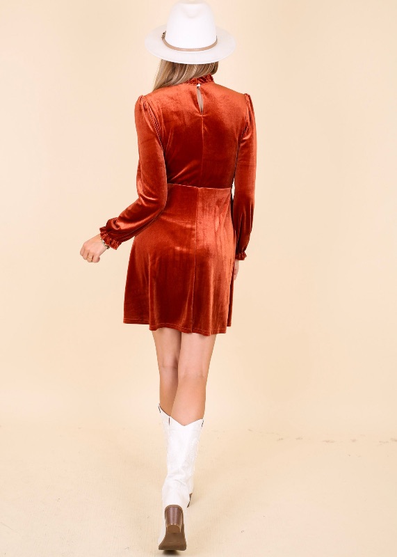 Photo 1 of (XL) Velvet Orange Ruffle Neck Dress 