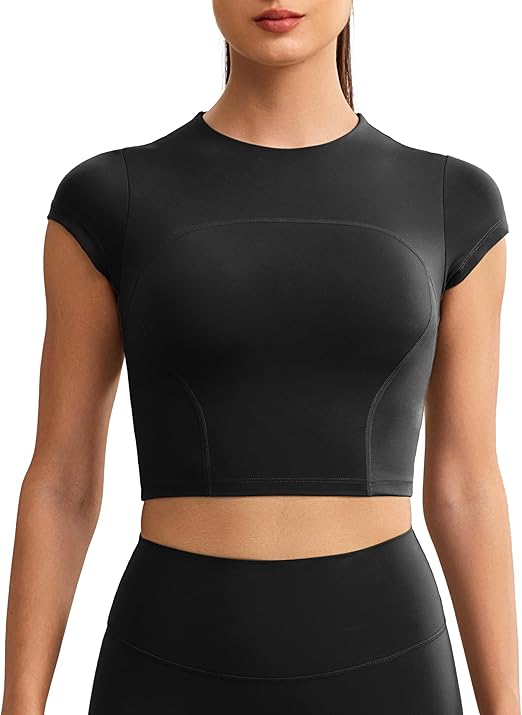 Photo 1 of (L) Workout Crop Tops for Women Yoga Short Sleeve Mild Support Slim Fit Cropped Athletic Shirts Gym Tee
