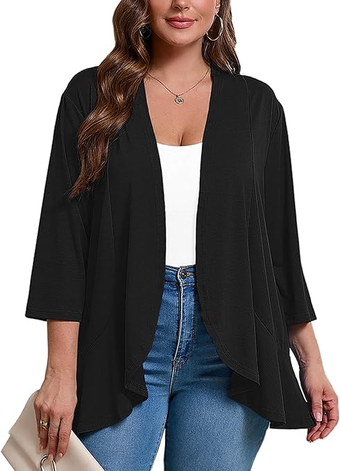 Photo 1 of (5XL) Women's Plus Size 3/4 Sleeves Lightweight Open Front Cardigan Draped Ruffles Shawls and Wraps Shrugs Kimono Jacket