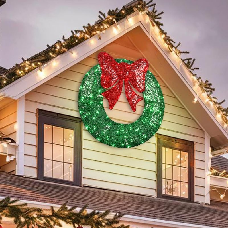 Photo 1 of LAMPHOME 40in Pre-Lit Outdoor Christmas Wreath Decoration, 290 LED Lights Metal Holiday Decor for Home, Bow - Green/Red
