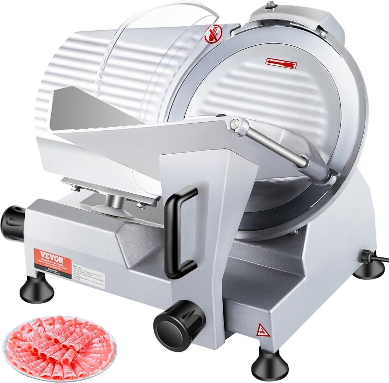 Photo 1 of VEVOR Commercial Meat Slicer, 10 inch Electric Food Slicer, 240W Frozen Meat Deli Slicer, Premium Chromium-plated Steel Blade Semi-Auto Meat Slicer For Commercial and Home Use
