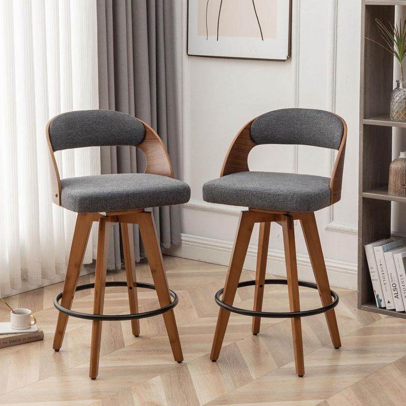Photo 1 of Barstools Set of 2,Bar Height Bar Stools for Kitchen Island,30.3 Inch Modern Upholstered Bar Chair, Swivel Bar Stools with Back and Wood Legs (Darkgray-Fabric)
