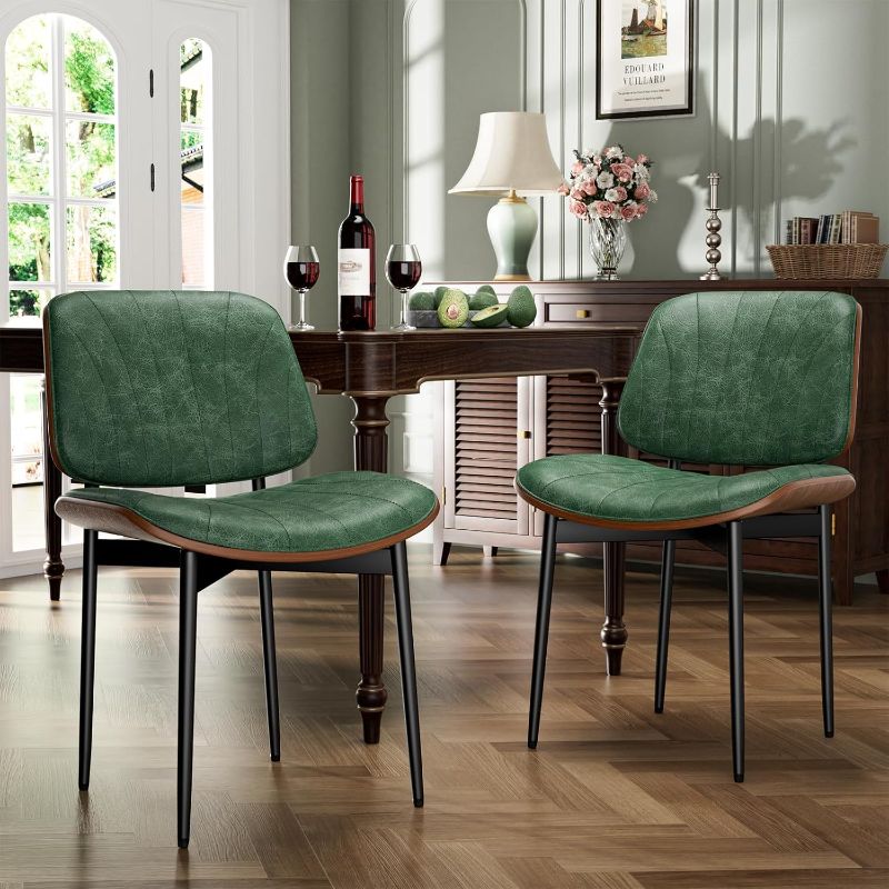Photo 1 of Dining Chairs Set of 2, Dining Room and Kitchen Chairs, Mid Century Modern Accent Chair, Upholstered PU Leather Chairs for Vanity with Walnut Bentwood and Metal Legs, Green

