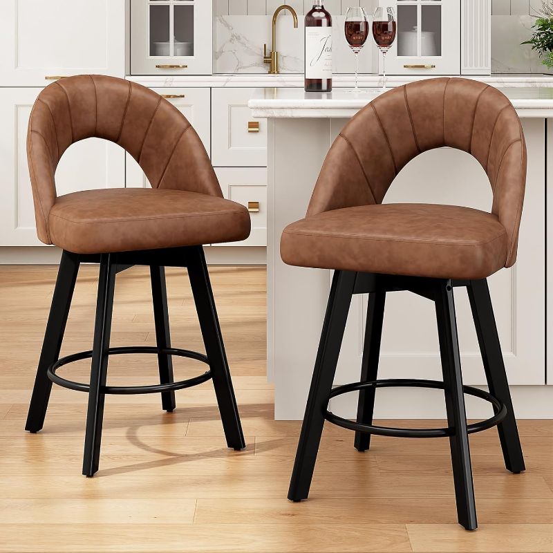 Photo 1 of Bar Stools Set of 2, 24” Swivel Counter Height Barstool with PU Leather Upholstered Seat, Hollow Curved Back, Solid Wood Legs & Metal Footrest, Kitchen Island Chairs for Dining Room, Camel
