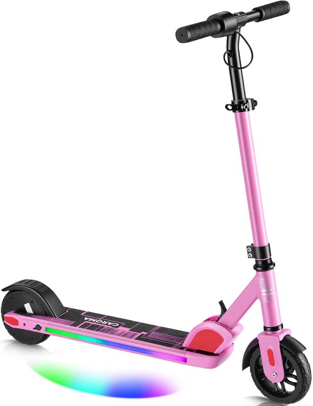 Photo 1 of Caroma Electric Scooter for Kids Ages 8-12, 150W Foldable Kids Electric Scooter, Max 7 Miles & 10 Mph, LED Display, Colorful Lights, Adjustable Height, Lightweight Electric Scooter for Kids Teens
