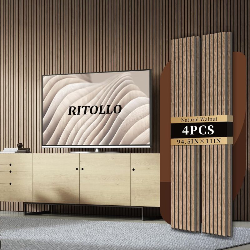 Photo 1 of RITOLLO 4-Piece Wood Slat Panels for Wall 92.5"×11" Acoustic Panels for Interior Wall Decor 3D Fluted Sound Absorbing Panel - Natural Walnut
