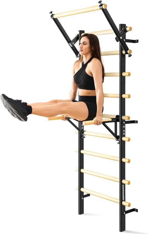 Photo 1 of Swedish Ladder, Wood Stall Bar, Swedish ladders Wall Gym Adult, Adjustable Pull Up and Dip Station for Adults and Kids, 9-Anchor Solid Pine, Home Fitness
