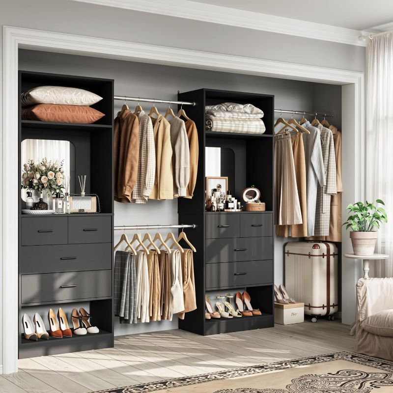 Photo 1 of Unikito Closet Systems, 6-14FT Walk in Closet Organizer with 8 Drawers and Mirror, 168" Large Wood Closets Insert with Tower, Sturdy Wardrobe Closets Garment Rack with Extendable Hanging Rods, Black