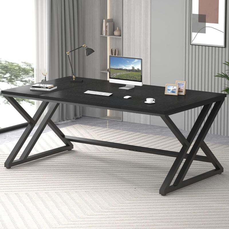 Photo 1 of LVB 70.8" Black Computer Desk, Large Industrial Pc Study Home Office Desk, Long Modern Wood Gaming Work Writing Desk for 2 Person, Farmhouse Double Workstation Executive Desk with Storage in Bedroom
