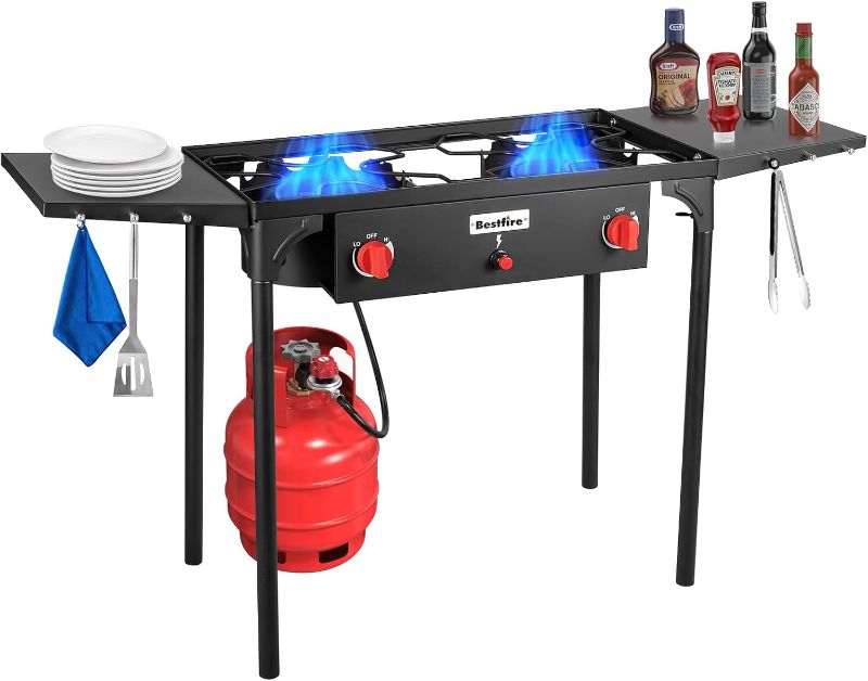 Photo 1 of Bestfire 2 burner Camping Stove with Auto Ignition Button,Side Shelves & Regulator150,000 BTU High Pressure Gas Stove Propane Burner With Removable Legs for Outdoor BBQ&Backyard Cooking Camping Home
