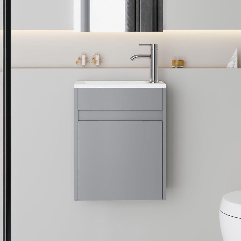 Photo 1 of 16" Small Bathroom Vanity Sink Combo, Modern Painted Wall Mounted Floating Cabinet W/Resin Basin Sink Top, Chrome Water Save Faucet & Pop Up Drain