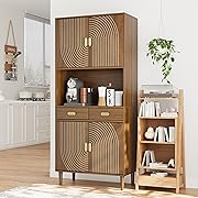 Photo 1 of  Tall Kitchen Pantry Cabinet with Line Grooved Doors & 4-Compartment Top, Storage Cupboard with 2 Drawers, Adjustable Shelves & Gold Handles for Dining Room, Bathroom, Walnut
