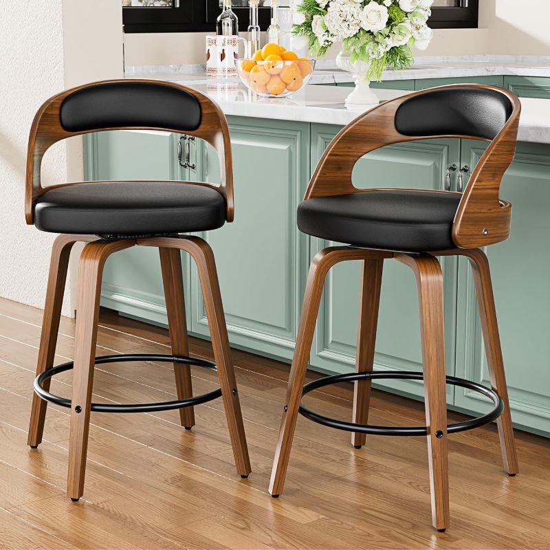 Photo 1 of Bar Stools Set of 2, 26" Swivel Counter Height Bar Stools with Bentwood Legs and Back, Mid Century Modern Faux Leather Upholstered Counter Stools for Kitchen Island, Bar, Restaurant, Black
