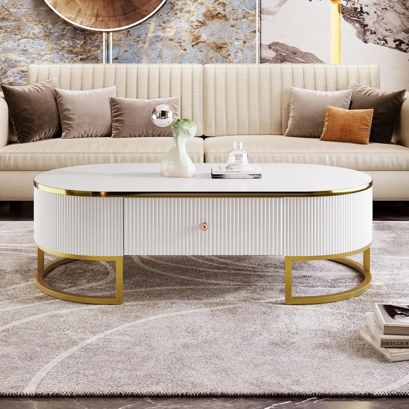 Photo 1 of Merax 47.2" Modern Oval Coffee Table with Drawers,Curved Profile Design, Gold Metal Decor, Center Table for Living Room, White+Gold