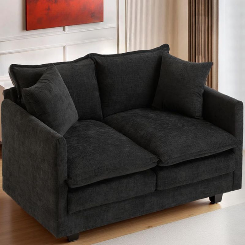Photo 1 of 50 Inch Loveseat Sofa | Comfy Small Couch for Bedroom, Living Room, Office | Mini 2 Seater Sofa in a Box | Deep Seat with Double Layer Upholstered Cushion, Removable Cover, Chenille Fabric | Black
