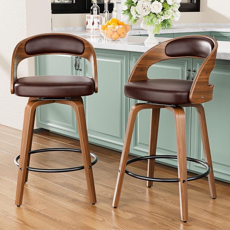 Photo 1 of Bar Stools Set of 2, 26" Counter Height Barstools with Bentwood Legs, Swivel Counter Stools with Back, Mid Century Modern Faux Leather Upholstered Barstools for Kitchen Island, Brown
