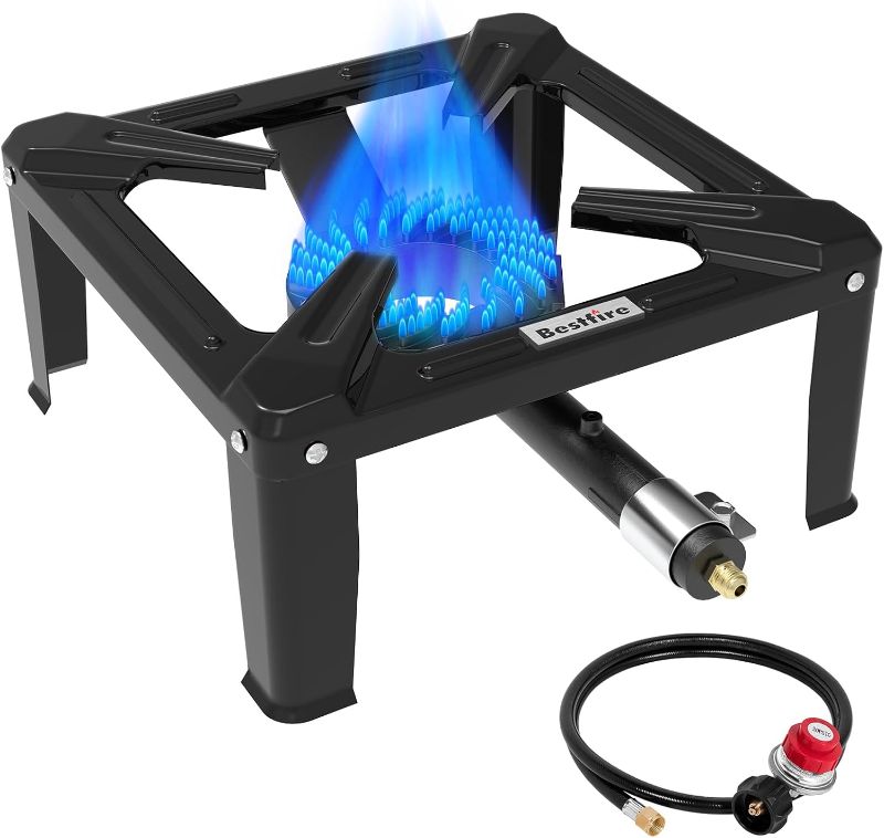 Photo 1 of Bestfire High Pressure Propane Burner, 120000 BTU Single Propane Stove with 4.1ft 0-20Psi Adjustable Hose with Regulator, 16" Square Steel Cooktop for Camping
