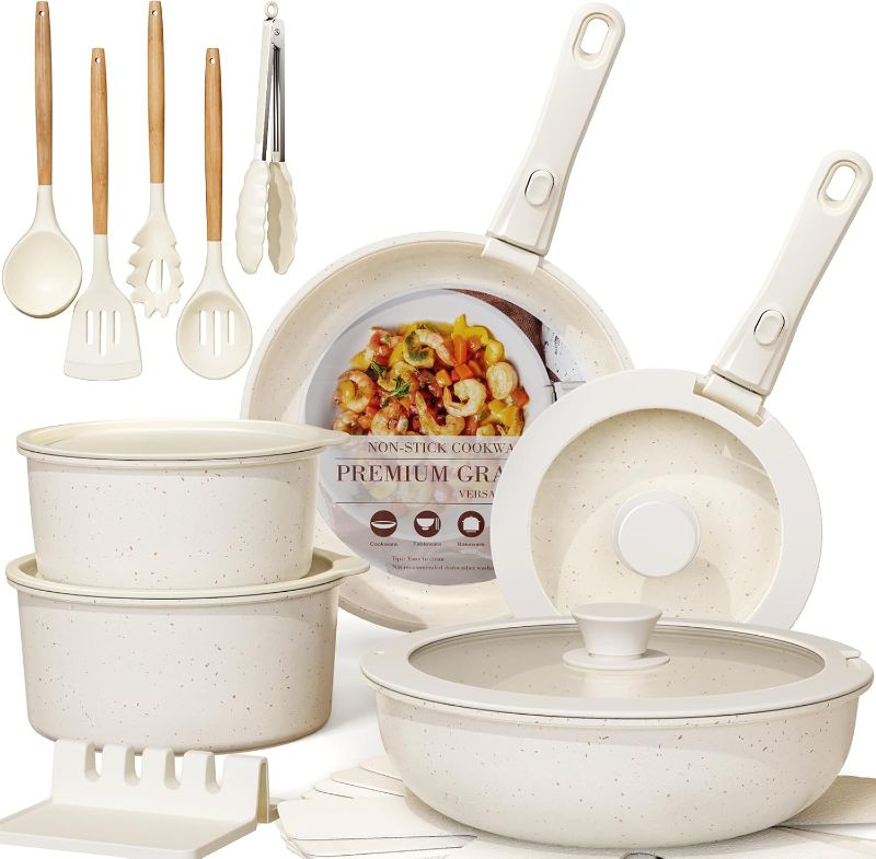Photo 1 of Astercook Ceramic Non-stick Cookware 21 Pcs Pots and Pans Set, Detachable Handle, RV Kitchen Non Stick Cooking Set Removable Handles, Oven Safe, Induction Ready, Stackable, Cream White