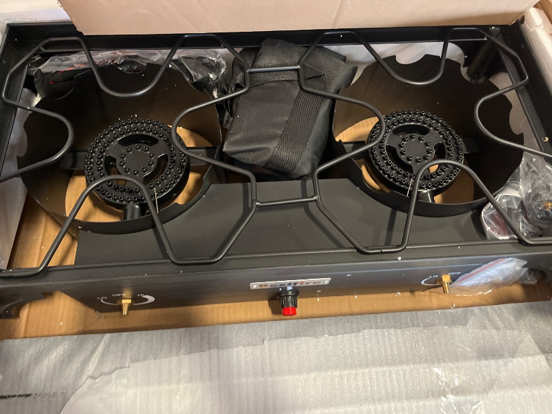 Photo 1 of Bestfire 2 burner Camping Stove with Auto Ignition Button,Side Shelves & Regulator150,000 BTU High Pressure Gas Stove Propane Burner With Removable Legs for Outdoor BBQ&Backyard Cooking Camping Home
