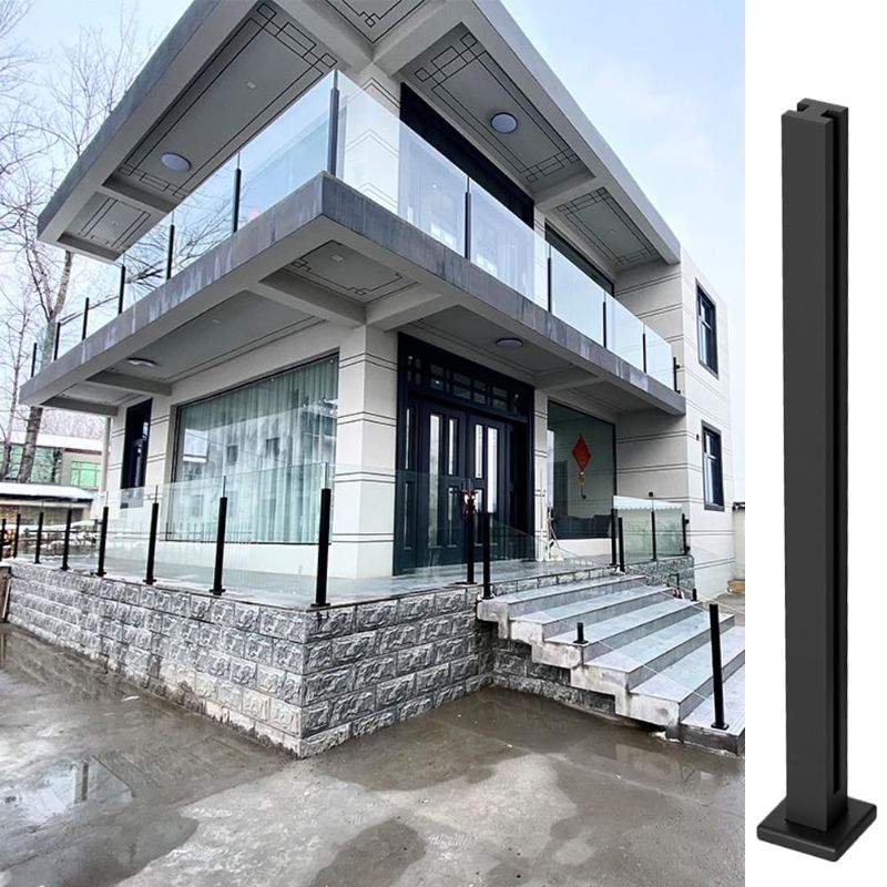 Photo 1 of Black Glass Railing Post, Clamp Glass with Spigot Slots, 304 Stainless Steel Railing System for Indoor or Outdoor Balcony, Terrace, Deck, Balustrade, Stair, Pool
