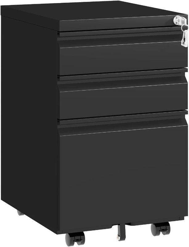 Photo 1 of 3 Drawer File Cabinet with Lock,Under Desk Rolling Small Filing Cabinet for Home Office Storage,Mobile Steel Cabinets with Wheels,Fully Assembled,Black
