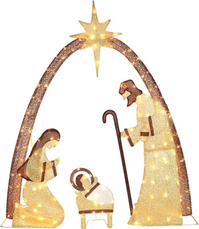 Photo 1 of 5FT Lighted Nativity Scene Set with 150 LED Lights for Christmas Decoration, Pre-Lit Iridescent Nativity Scene Xmas Decor, 3D Glittered Standing Holiday Display for Outdoor, Indoor, Golden
