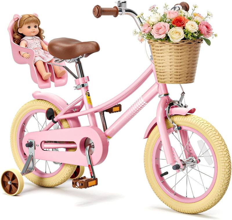View 1 of Glaf 12 14 16 20 Inch Girls Bike with Training Wheels for Kids Age 2-12 Years Old Toddler Girls Bike with Basket and Doll Seat Kids Bicycle Adjustable Seat