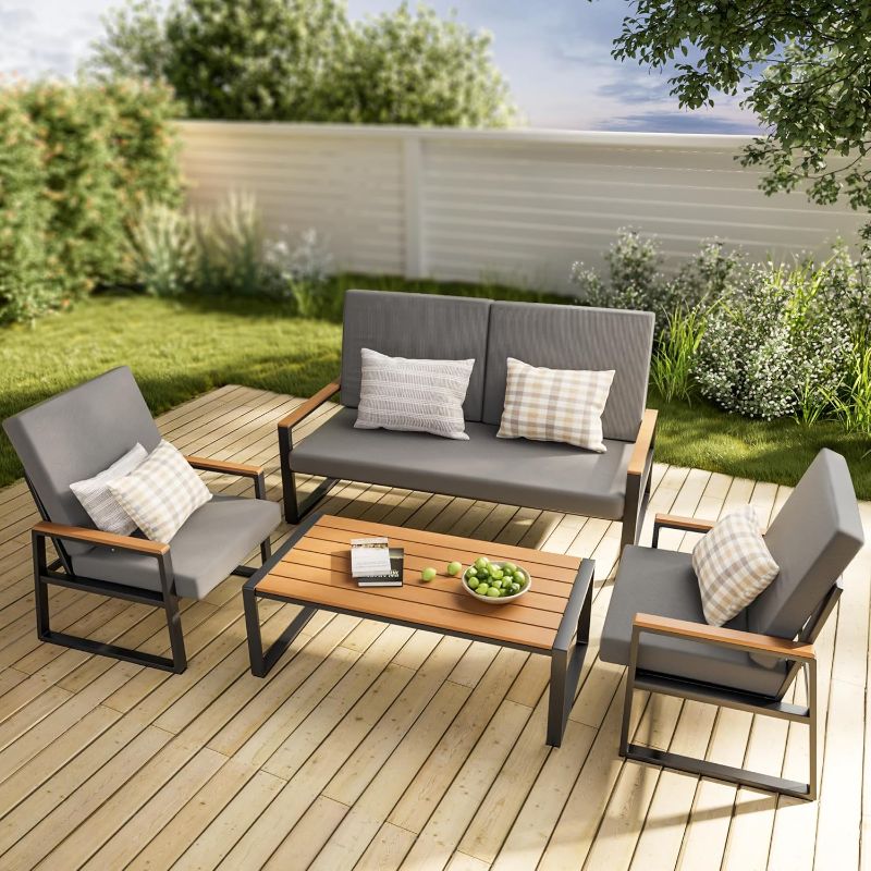 View 2 of 2 Side Chairs to a Gizoon 4-Piece Outdoor Patio Furniture Set with Coffee Table and Removable Cushions, Metal Patio Conversation Set for Family, Yard, Poolside (Gray)