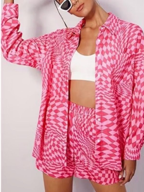 Photo 1 of (L) Women's 2 Piece sets Button Down Shirt Long Sleeve Short Drawstring Outfits Pink Print-Target
