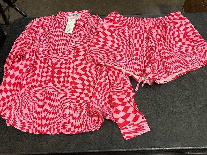 Photo 1 of (L) Women's 2 Piece sets Button Down Shirt Long Sleeve Short Drawstring Outfits Pink Print-Target
