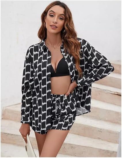 Photo 1 of (L) Womens 2 Piece Pajama Sets Lounge Sets Button Down Pajama Pajama Shorts Co-Ords Fashion Fall Outfits
