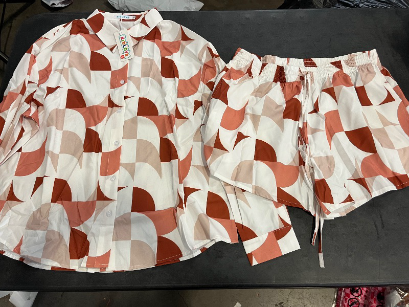 Photo 1 of (L) Womens Button Down Shirts and Shorts Set Two Pieces Pajama Set Summer Casual Long Sleeve Outfits with Pockets
