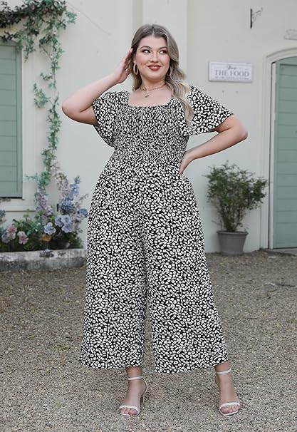 Photo 1 of (2XL) Womens Plus Size Casual Long Pant Jumpsuits Summer Print Ruffle Sleeve Smocked Waisted Romper
