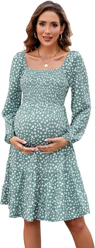 Photo 1 of (2XL) BeautyNee Floral Print Maternity Dress Short Puff Sleeve Square Neck Ruffle Hem Casual Swing Pregnancy Dresses
