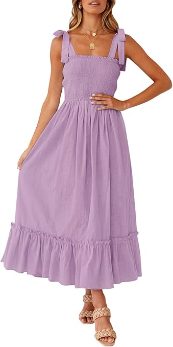 Photo 1 of (L) Women's 2026 Summer Boho Spaghetti Strap Square Neck Solid Color Ruffle A Line Beach Long Maxi Dress
