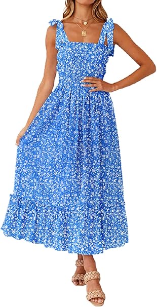 Photo 1 of (S) Tobrief Women's Boho Dress Summer Spaghetti Strap Square Neck Flowy Ruffle Beach Long Maxi Dress
