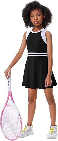 View 1 of (M) Girls Tennis Golf Dress Outfit Sleeveless Workout Athletic Dresses with Shorts Pockets