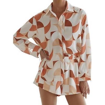 Photo 1 of (M) Womens Button Down Shirts and Shorts Set Two Pieces Pajama Set Summer Casual Long Sleeve Outfits with Pockets
