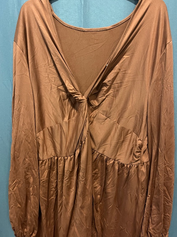 View 4 of (5XL) Coolmee Women's Plus Size Dress V Neck Long Sleeve Front Knotted Elastic Elegant Dress A Line Knee Length Midi Dress, Caramel
